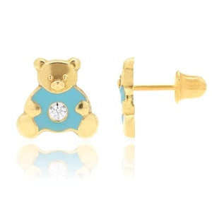 14K Solid Gold Enamel Teddy Bear Studs| Screwback Enamel Girls Studs | Girls Earrings | 14K Gold Kids Jewelry | 8x8mm