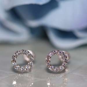 14K Solid White/Yellow Gold Round Halo Open Circle Cz Screwbacks Stud Earrings 6MM free shipping image 3