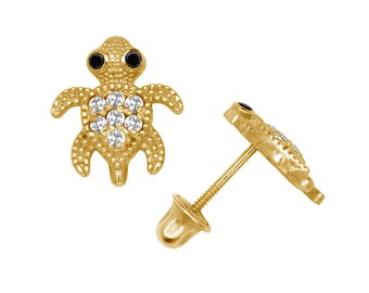 14K Gold Adorable Sea Turtle Studs | 14K Gold Turtle earrings Set With Birthstones | Little Turtle Studs
