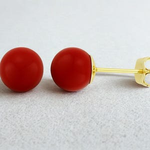 14K Solid Gold Red Coral Ball Studs- Pushbacks- Red Coral Sphere Ball Studs - Gold Ball Studs - 3mm- 4mm-5mm-6mm-7mm-8mm-9mm-10mm