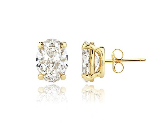 14K Solid Gold Classy Oval Cut Pushbacks Studs | Gold Oval Solitaire Earrings | Gold Oval CZ Studs | Free Shipping