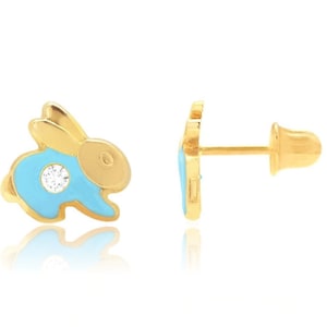 14K Solid Gold Enamel Rabbit Studs| Screwback Enamel Girls Studs | Girls Earrings | 14K Gold Kids Jewelry | 8x8mm