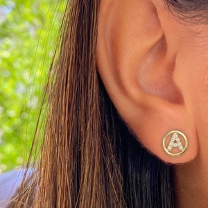 14K Solid Yellow/White Gold Letter Initial Stud Earring.14K Initial CZ Studs. Gold Initial Earrings. Alphabet Earring. 8mm Halo Studs