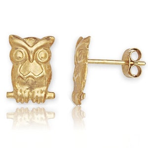 14K Solid Gold Entzückende Eule Ohrstecker | Eule Stempel Pushback Ohrstecker | Zierliche Ohrstecker | 7 x 10 mm Eulen Ohrringe