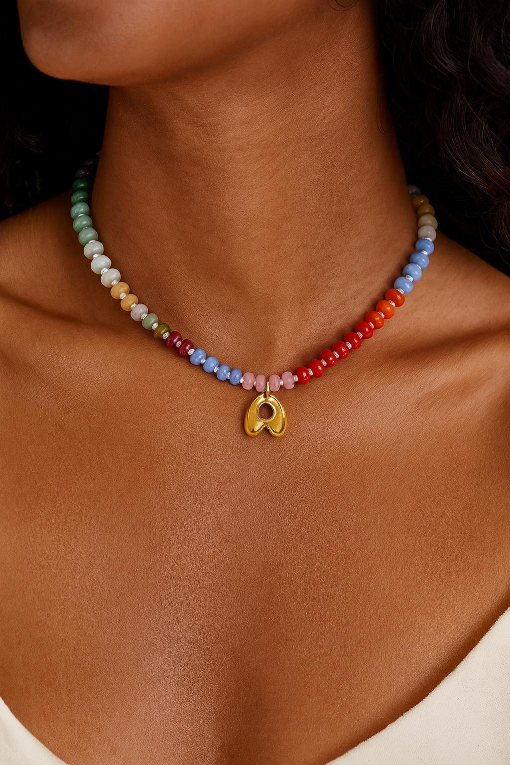 Trendy Rainbow Beaded Initial Necklace – Colorful Gemstone