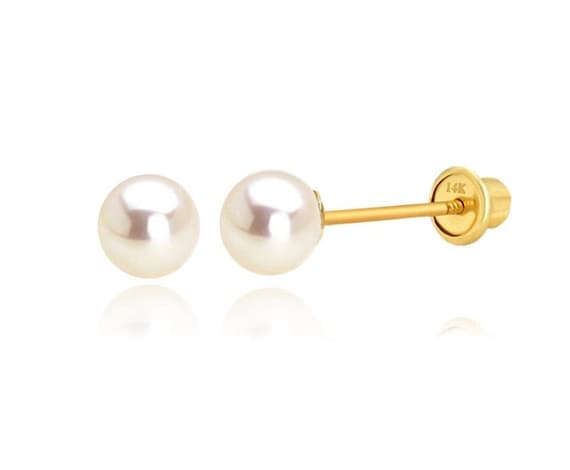 14K Yellow Gold Genuine White Round Pearl Ball Screw Back 3mm-8mm Earrings 