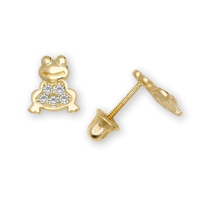 May include: A pair of gold frog stud earrings with clear cubic zirconia stones.