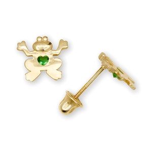 May include: A pair of gold frog stud earrings with green heart-shaped gemstones. The earrings have a screw-back fastening.