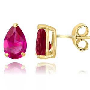 14K Solid Gold Classy Ruby Pear Cut Pushbacks Studs | Gold Pear Solitaire Earrings | Gold Tear Drop Ruby Earrings | Free Shipping
