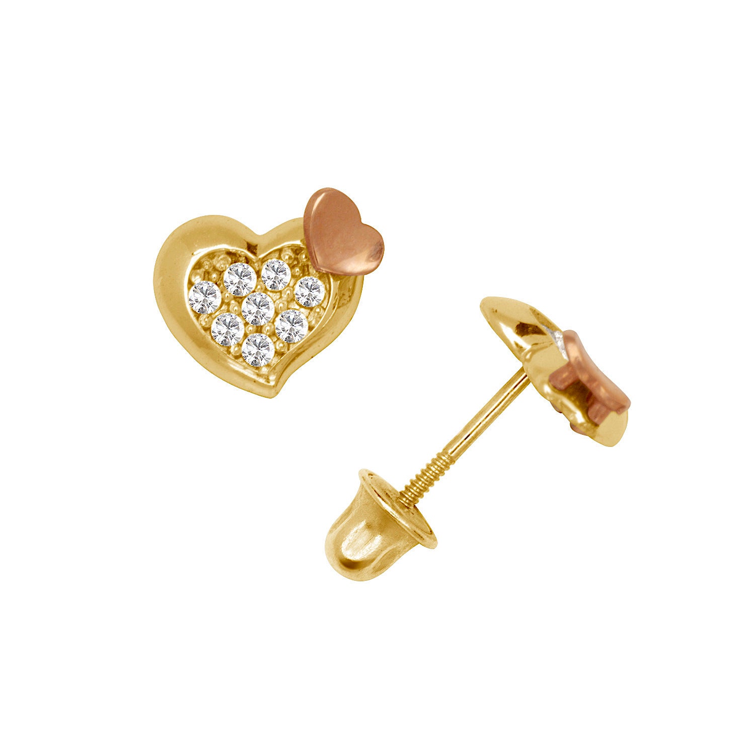14K Solid Gold Heart Stud Earrings Set With CZ and Rose Gold Etsy UK