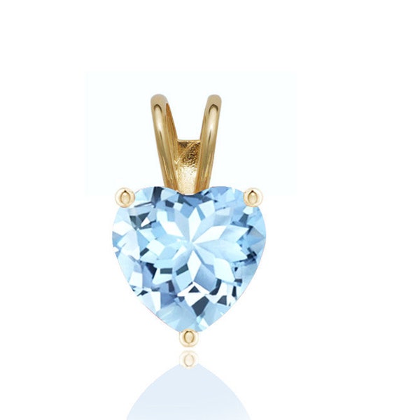 14K Solid Gold Heart Aquamarine Pendant | Birthstone Pendant | 5mm 6mm Light Blue Aquamarine Pendant | March Birthstone