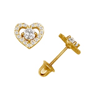 Orecchini a cuore aperto delicati in oro giallo e bianco massiccio 14K con pietre portafortuna rotonde -Screwbacks- Simpatici orecchini portafortuna a cuore in oro