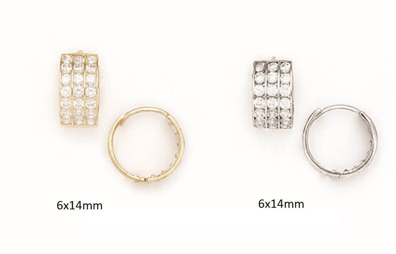 14K Pure Solid YellowWhite Gold Round Huggie 3 row Fancy Earrings Set With Cubic Zirconia 6x14mm RH26 Gift With Round Cut CZ Triple Row