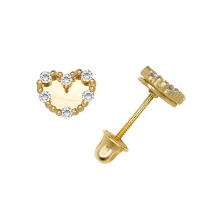 Orecchini a cuore delicato in oro giallo e bianco massiccio 14K con pietre portafortuna Cz -Screwbacks- Orecchini a cuore in oro semplice-Borchie portafortuna