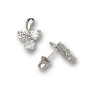 May include: A pair of silver earrings with three clear cubic zirconia stones each. The earrings have a post back.