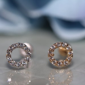 14K Solid White/Yellow Gold Round Halo Open Circle Cz Screwbacks Stud Earrings 6MM free shipping image 2