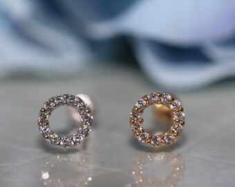 14K Solid White/Yellow Gold Round Halo Open Circle Cz Screwbacks Stud Earrings 6MM free shipping