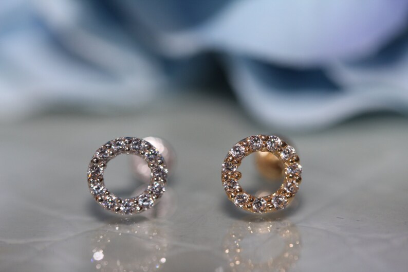 14K Solid White/Yellow Gold Round Halo Open Circle Cz Screwbacks Stud Earrings 6MM free shipping image 2