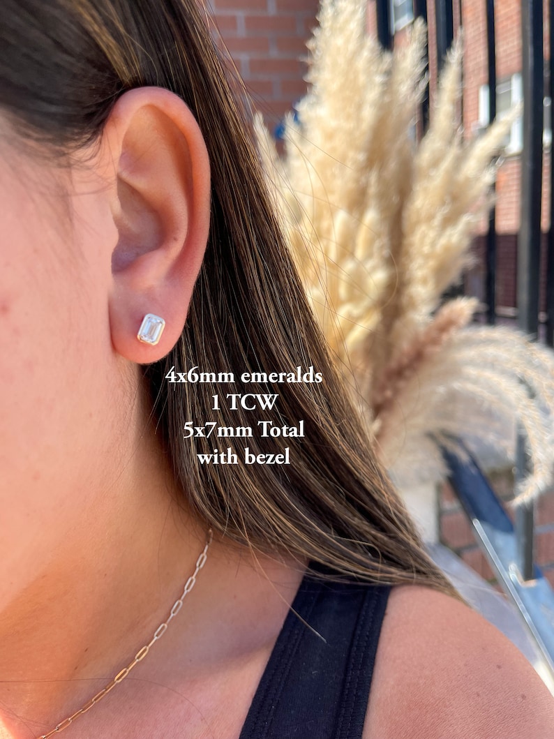 May include: A close-up of a person's ear with a pair of small, square-shaped emerald earrings. The earrings are 4x6mm and are set in a bezel setting. The text below the earrings reads "4x6mm emeralds 1 TCW 5x7mm Total with bezel".