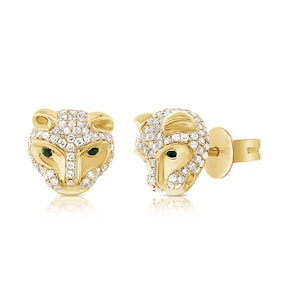 PRÊTS À L'EXPÉDITION Boucles d'oreilles tendance panthère en or massif jaune 14 carats | Boucles d'oreilles de visage de jaguar avec émeraudes | Boucles d'oreilles diamant naturel