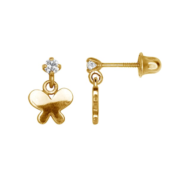 14K Solid Gold Butterfly Earrings | Screw back Birthstones Girls Earrings | Girls Butterfly Earrings | 14K Gold Kids Jewelry |