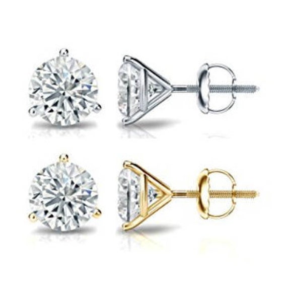 14k Yellow//White Gold Three Prong Martini Set Round AAA CZ Stud Earrings
