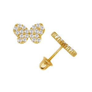 14K Solid Gold Butterfly Studs| Screw back Birthstones Girls Studs | Girls Butterfly Earrings | 14K Gold Kids Jewelry | 8mm