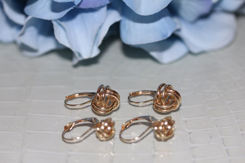 14K Pure Solid White/Yellow Gold Knot Dangle Drop Leverback Earrings (Available in Multiple Sizes) image 6