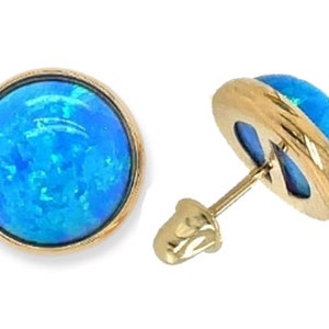 14K Solid Gold Bezel Set Blue Opal Studs • 14K Solid Gold Screwback Earrings •  Fiery Opal Earrings • Dainty Stud Earrings • Sold As A Pair