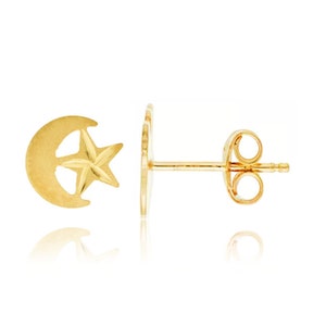 14K Solid Gold Crescent Moon And Star Stud Earrings | Small Diamond Cut Crescent Moon And Star Pushback Studs| 14K Gold Studs |