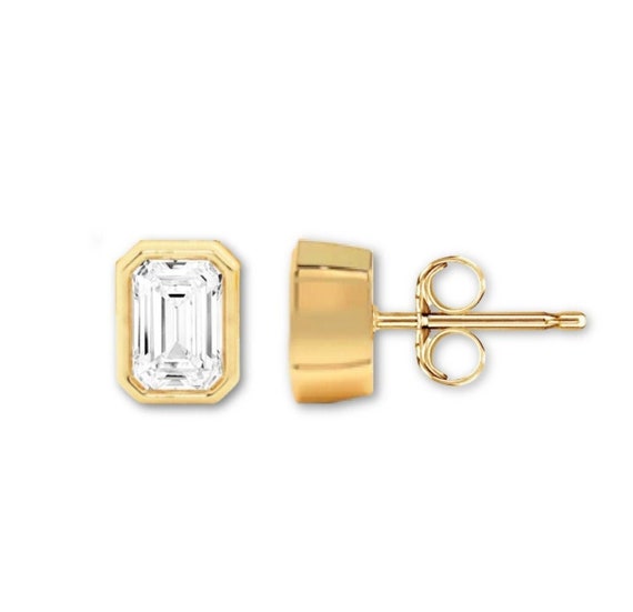 14K Gold Bezel Emerald Cut Moissanite Stud Earrings