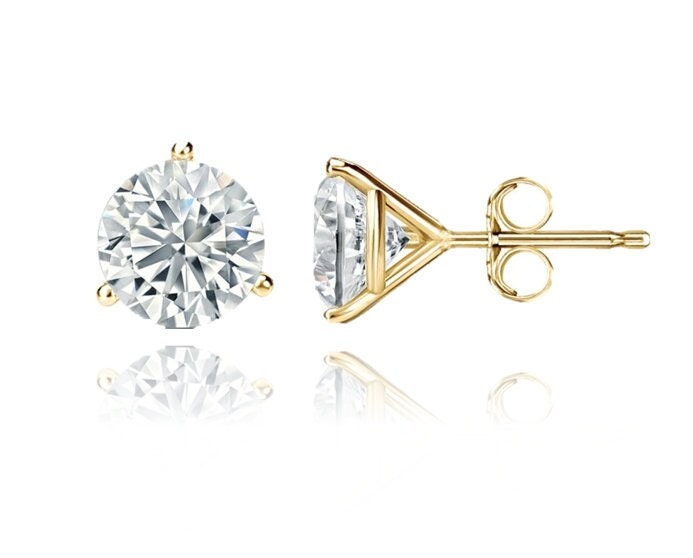 14K Solid Gold Solitaire 3 Prong Heavy Martini CZ Studs | Martini Studs | .50ct | .84ct | 1.3ct | 2.0ct