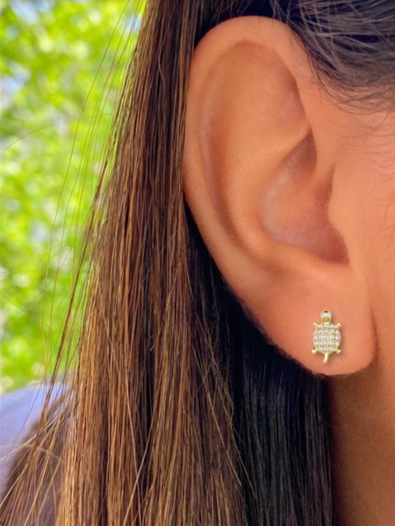 14K Gold Adorable Turtle Studs 14K Gold Turtle Earrings Set With