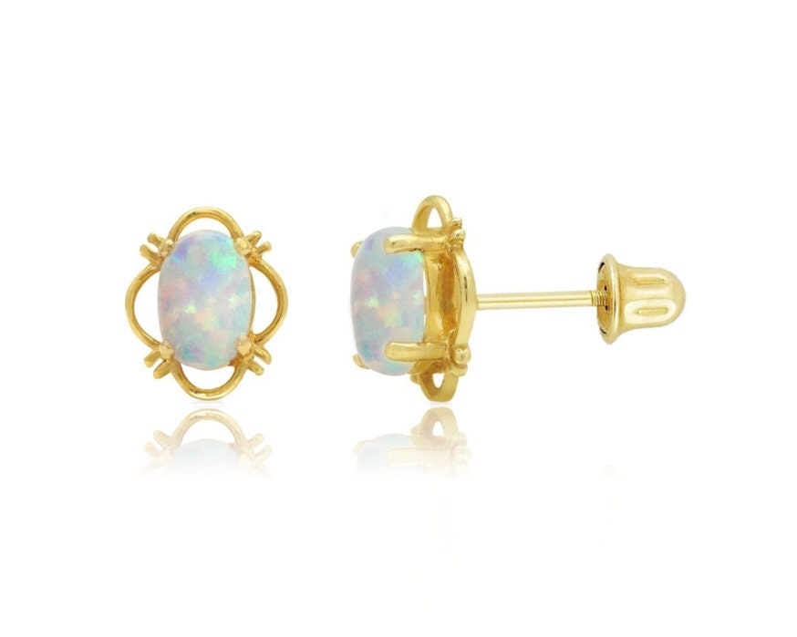 14K Oro sólido Fiery Oval Opal Screwback Studs / Fancy Oval Screwback Studs / 14K Classy White Oval Opal Pendientes / 6.5x9mm