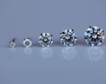 14K Solid Yellow/White Gold, 4 Prong Round Cut Triple A Cubic Zirconia ScrewBack Stud Earrings Multiple Sizes Available