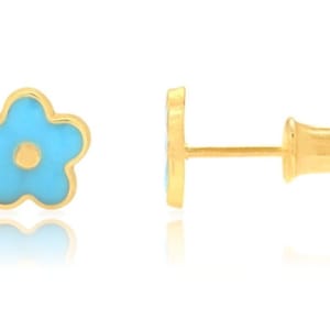 14K Solid Gold Enamel Flower Studs| Screwback Enamel Girls Studs | Girls Earrings | 14K Gold Kids Jewelry | 5mm 7mm