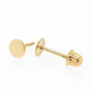 14K Solid Gold Flat Disc Round Stud Earrings | Sold As A Pair | Minimalist Studs | 3mm 4mm 5mm