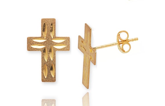 Orecchini A Perno Uomo In Oro Giallo 14kt - Croce Religiosa Taglio Diamante - Chiusura A Vite