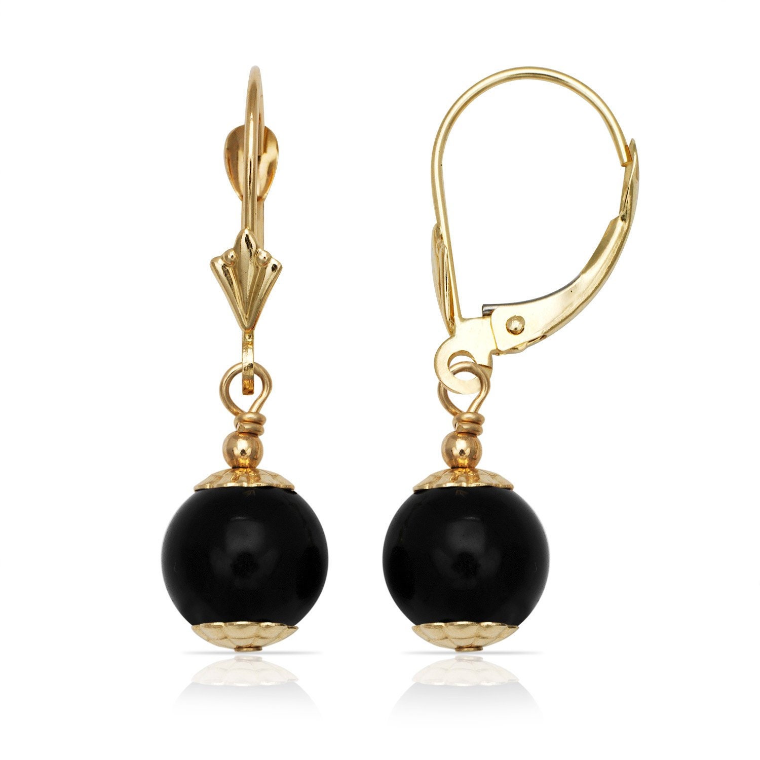 14k Solid Yellow Gold Genuine Black Onyx Ball Leverback Earrings. 6mm ...