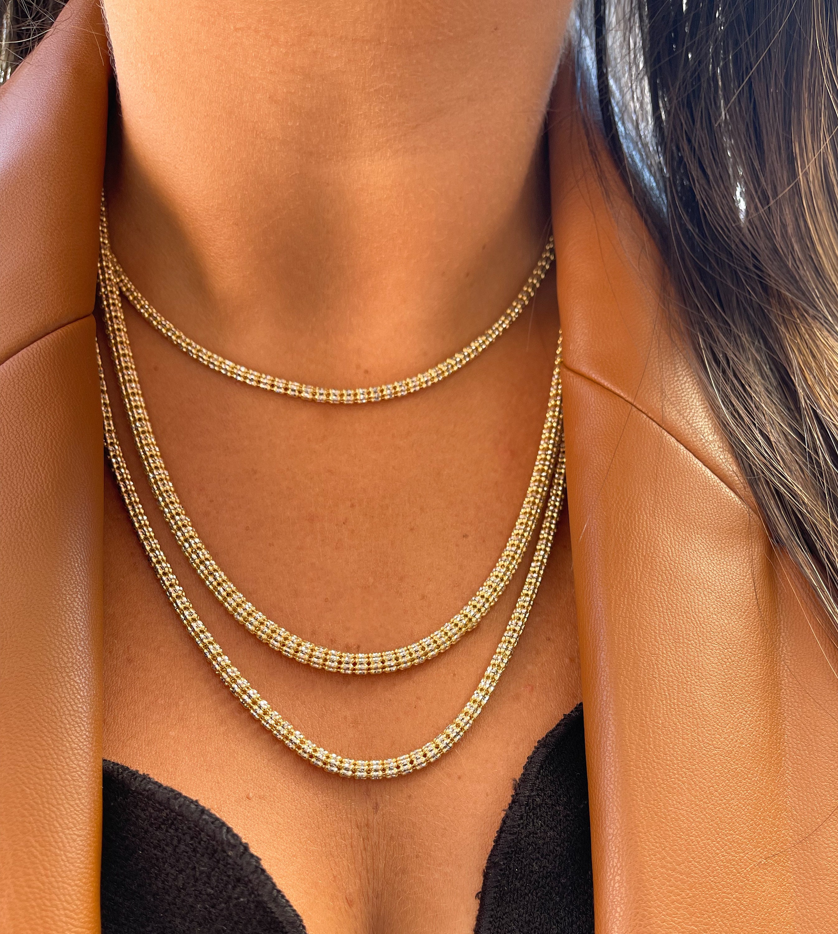 14Kゴールド ツートンアイスチェーン | ダイヤモンドカットリンク