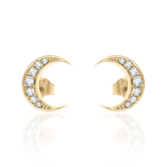 14K Solid Gold Crescent Moon Diamond Earrings | Pave Diamond