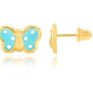 14K Solid Gold Enamel Butterfly Studs| Screwback Enamel Girls Studs | Girls Butterfly Earrings | 14K Gold Kids Jewelry | 6mm 9mm