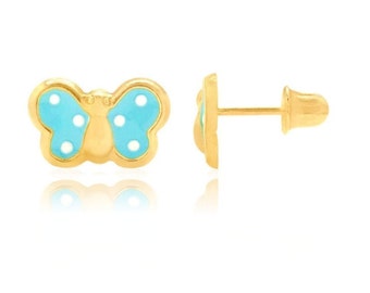 14K Solid Gold Emaille Schmetterling Ohrstecker | Mädchen Ohrhänger (6 mm 9 mm)