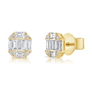 READY TO SHIP 14K Yellow Solid Gold Cluster Baguette Diamond Studs | Natural Diamond Baguette Earrings