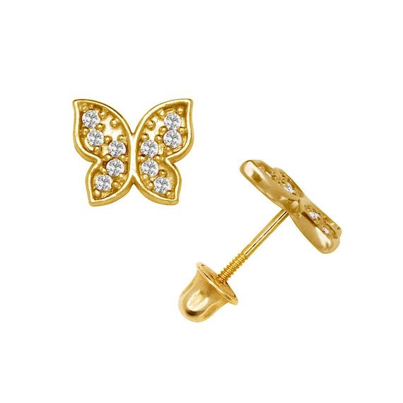 14K Solid Gold Butterfly Studs Screw Back Birthstones Girls Studs