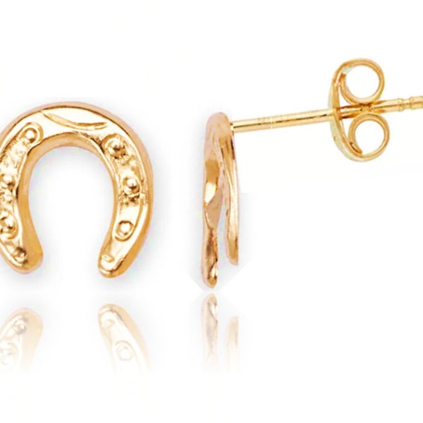 14K Solid Gold Horseshoe Stud Earrings | Horseshoe Stamp Pushback Studs | 8mm Horseshoe Earrings