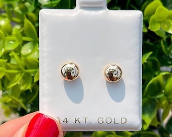 14K Gold Button Flat Studs | 14K Solid Gold Pushbacks | Flat Ball Earrings | 4mm 5mm 6mm 7mm 8mm 10mm