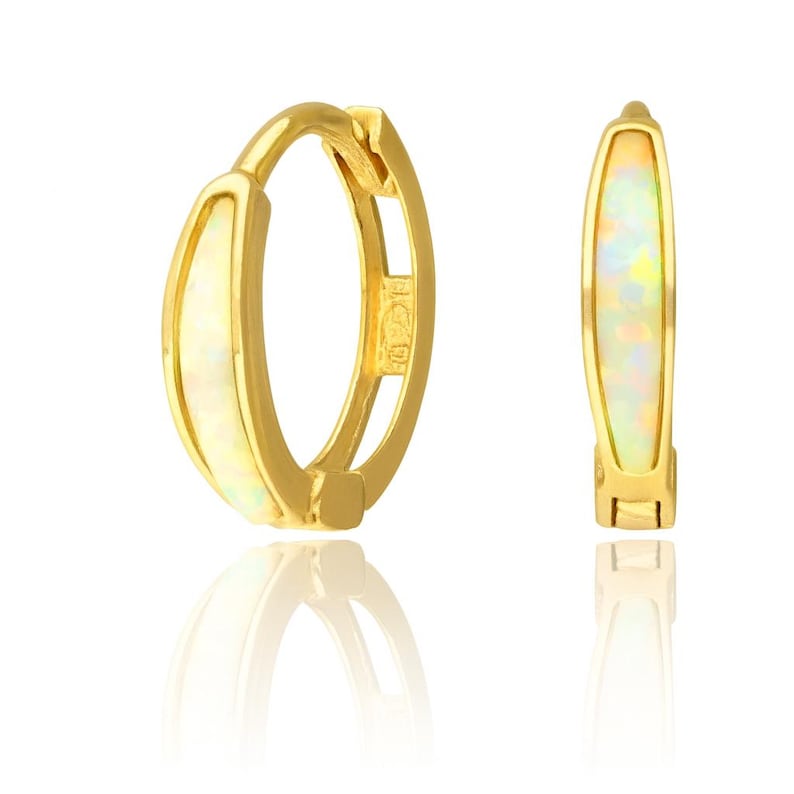14K puur massief gouden opaal Huggie-oorbellen-schattige Huggie-oorbellen-opaal edelsteen-gouden opaal hoepels 2,5 x 10 mm afbeelding 1