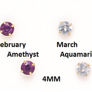 May include: A set of 10 gold stud earrings with different birthstone colors. The earrings are 4mm in size and feature a round gemstone. The stones are garnet, amethyst, aquamarine, diamond, emerald, alexandrite, ruby, peridot, sapphire, and opal.