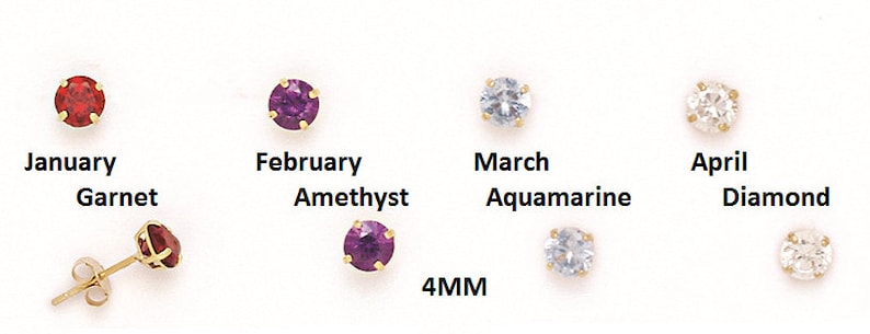 May include: A set of 10 gold stud earrings with different birthstone colors. The earrings are 4mm in size and feature a round gemstone. The stones are garnet, amethyst, aquamarine, diamond, emerald, alexandrite, ruby, peridot, sapphire, and opal.